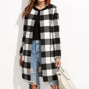 Checkered Open Front Chic Collarless Coat